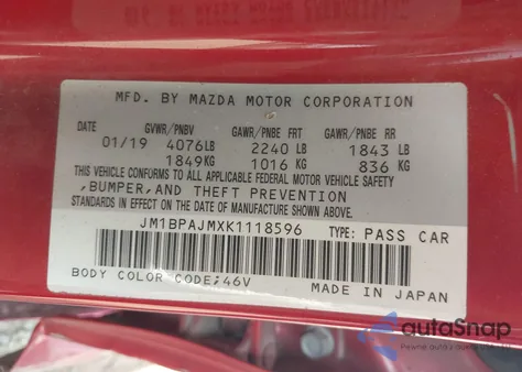 2019 Mazda Mazda3 из США, поврежденный, VIN JM1BPAJMXK1118596